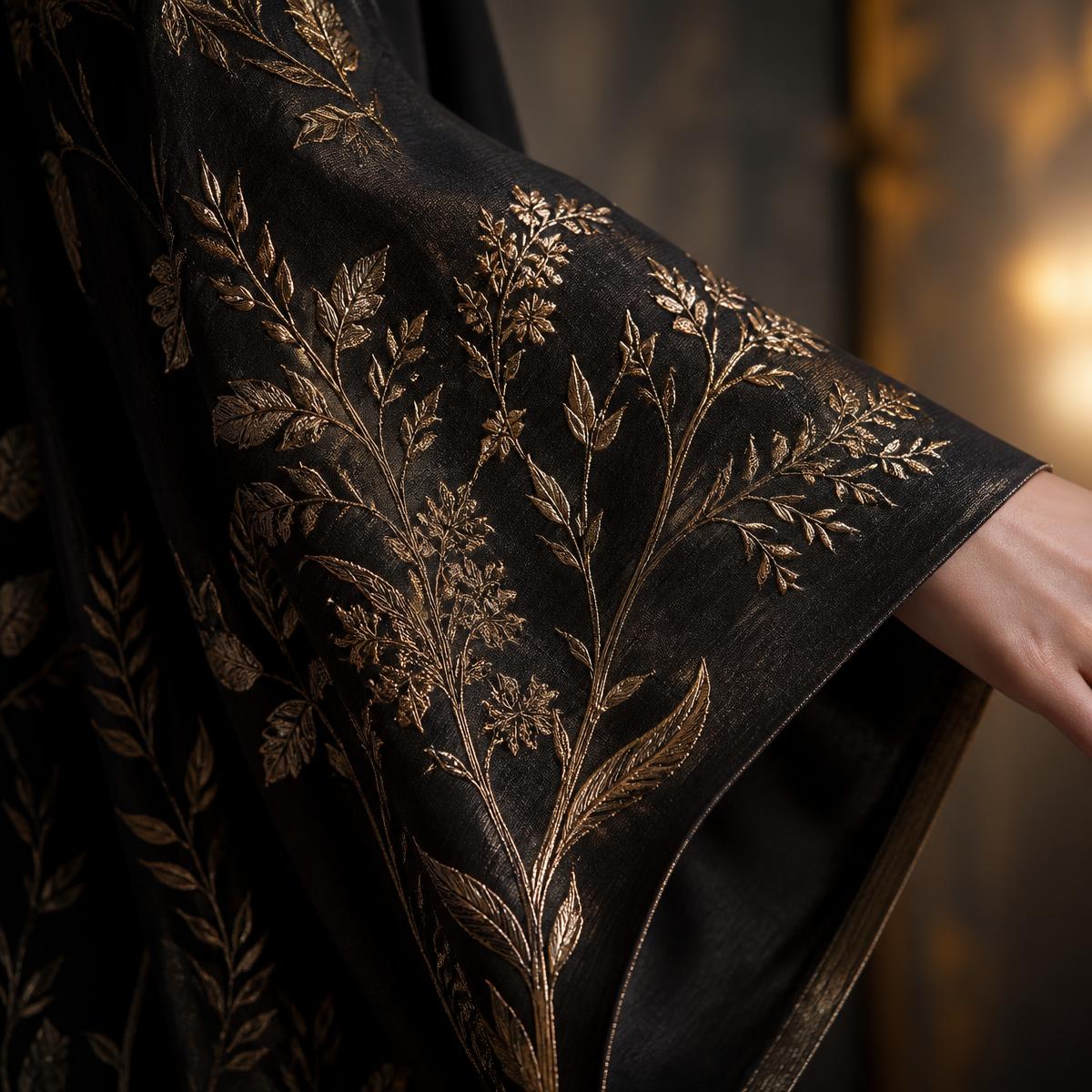 Bronze detail evening abaya close-up