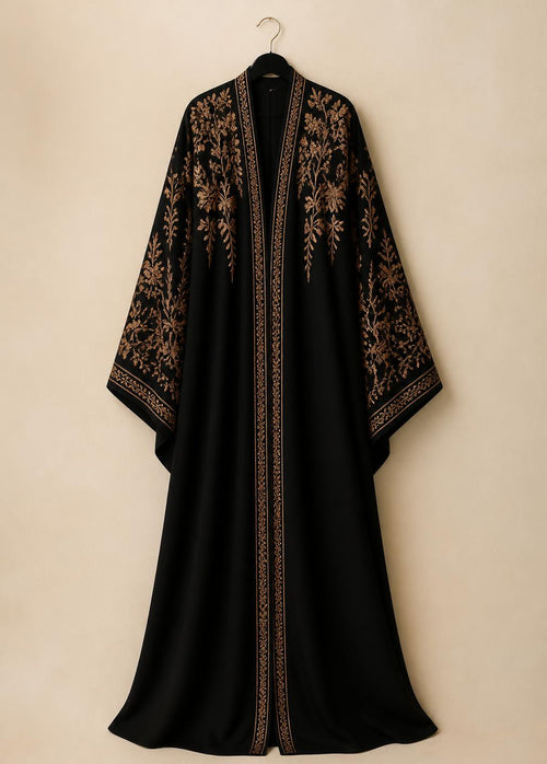 Black abaya with wide sleeves and bronze botanical embroidery