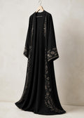 Black abaya with floral embroidery shown at a three-quarter angle